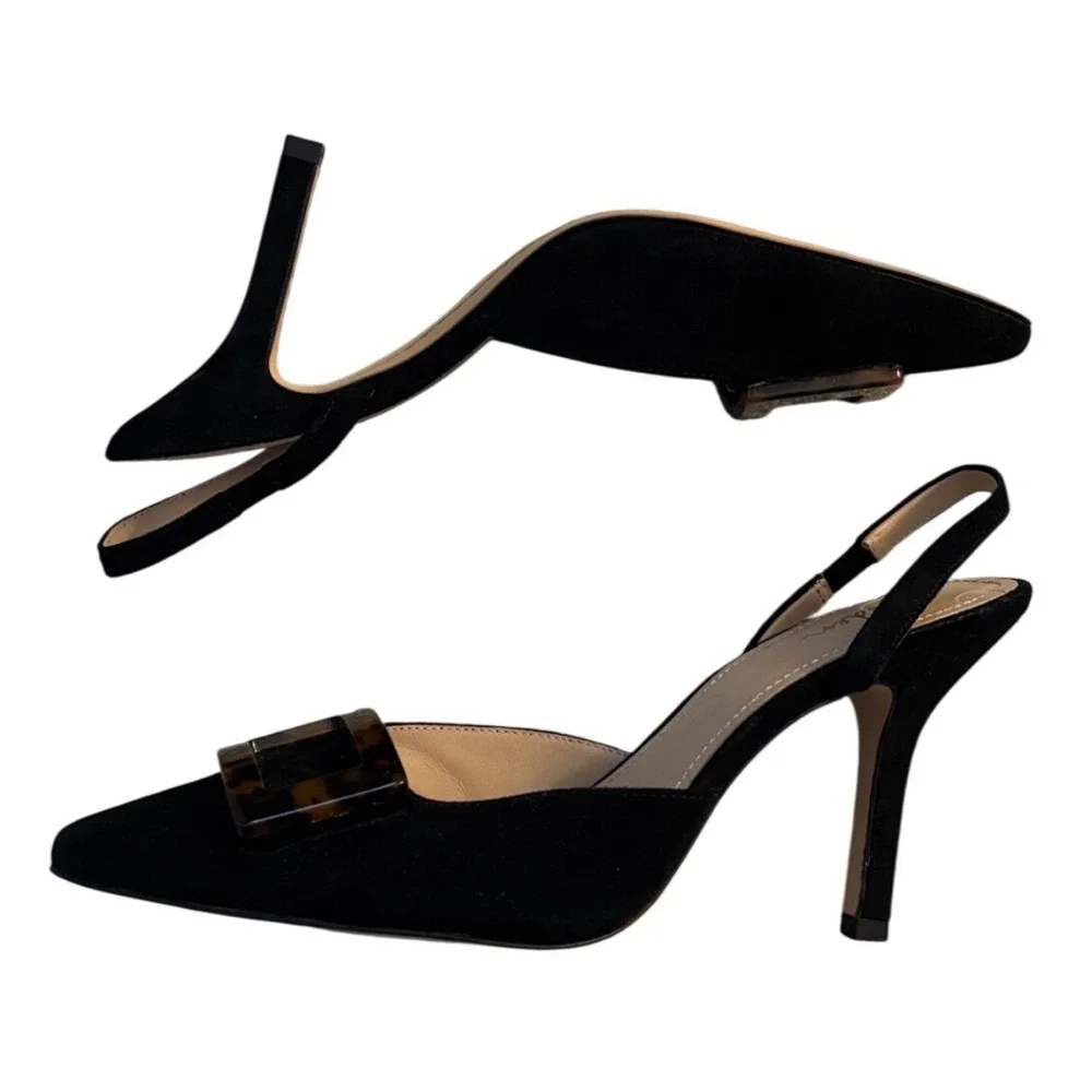 Boden Black Suede Slingback Pumps Tortoise Buckle Pointed Toe Heel Womens 39 / 8